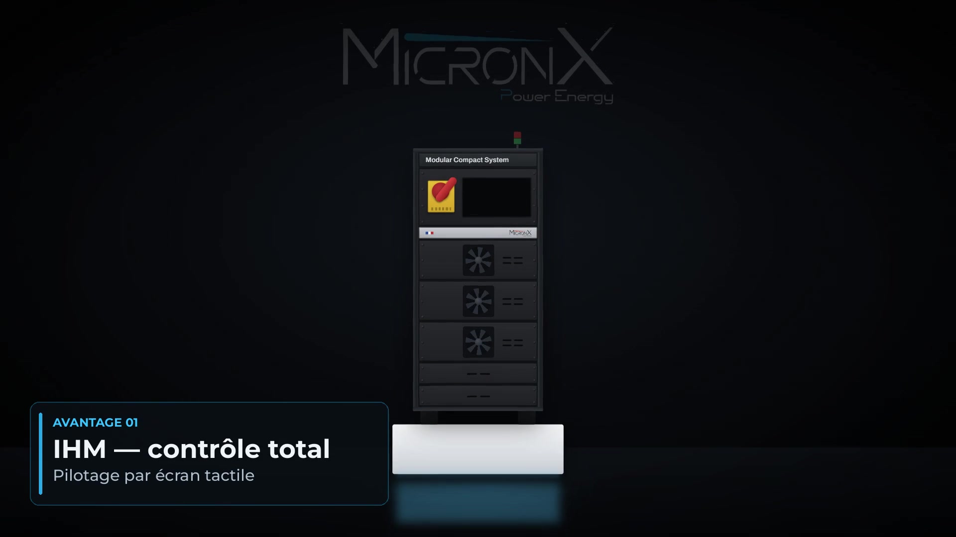 Animation: the advantages of the MicronX modular cabinet — HMI, emergency stop, cooling, remote diagnostics, four available sizes